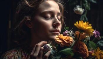 uno joven mujer participación amarillo flor, sonriente con elegancia al aire libre generado por ai foto