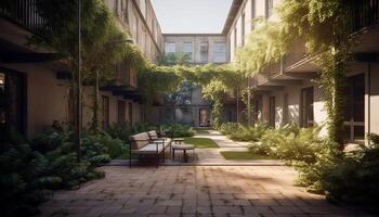 A modern building exterior with a formal garden and courtyard generated by AI photo