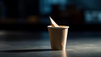 Hot mocha in disposable cup on blue table, close up shot generated by AI photo