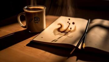 A frothy cappuccino on a wooden table, perfect for relaxation generated by AI photo