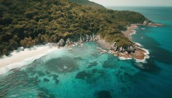 Turquoise waves crash on idyllic cliff, a natural beauty generated by AI photo