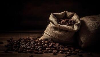 Organic burlap sack holds abundance of raw coffee beans generated by AI photo