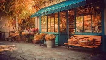 The rustic wooden table outside the convenience store sells fresh fruit generated by AI photo