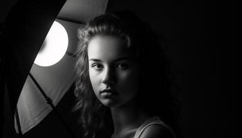 Confident young woman exudes elegance and sensuality in monochrome portrait generated by AI photo