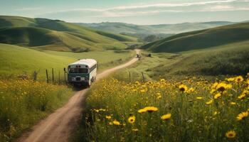 Driving through rural meadows, mountains and forests on summer vacations generated by AI photo