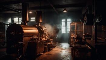 Metal workers in old factory use machinery to craft steel generated by AI photo