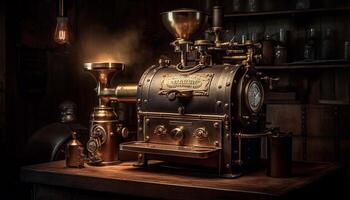Rustic coffee shop uses antique machinery to brew fresh cappuccinos generated by AI photo
