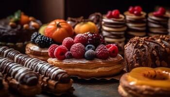 Indulgent homemade chocolate raspberry cake with fresh berry decoration generated by AI photo