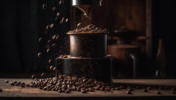 Freshly ground dark bean coffee, a barista addiction in close up generated by AI photo