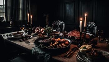 un rústico invierno comida con A la parrilla carne, vino, y luz de una vela generado por ai foto