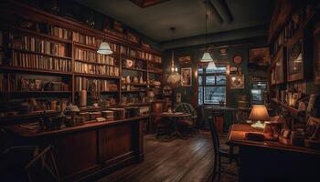 Antique bookshelf illuminates rustic home interior with elegant wood design generated by AI photo