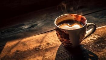 un espumoso capuchino en un rústico madera mesa, puro felicidad generado por ai foto