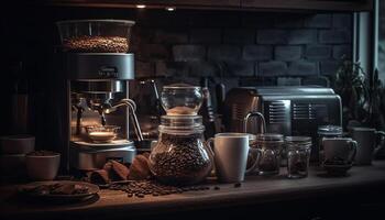 Rustic coffee shop prepares gourmet espresso with old fashioned machinery generated by AI photo