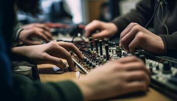 The young sound engineer skillfully adjusts the electrical equipment indoors generated by AI photo