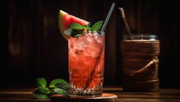 A refreshing mojito with lime, mint, and raspberry garnish generated by AI photo