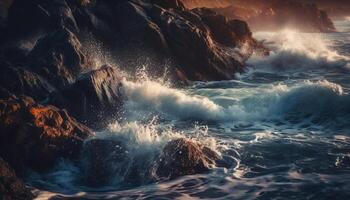 The crashing waves at dusk create a beautiful seascape scene generated by AI photo