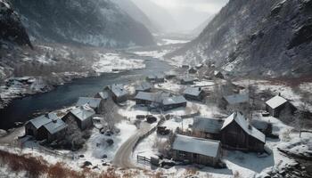 High up in the mountain range, a frosty winter wonderland generated by AI photo