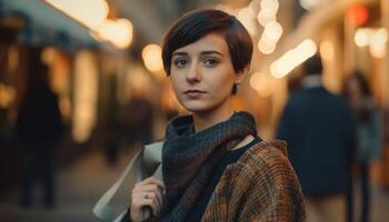 A confident young woman walking in the city at night generated by AI photo