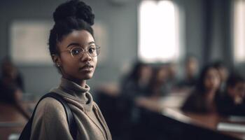 Confident young African businesswoman smiling, standing in office, eyeglasses on generated by AI photo