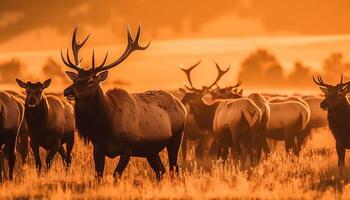 Silhouette stag grazing in meadow at sunset, nature beauty generated by AI photo