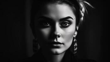 Confident young woman exudes sensuality in black and white portrait generated by AI photo