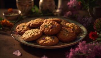 Homemade chocolate chip cookie stack on rustic wooden plate generated by AI photo