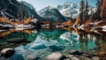 el majestuoso montaña rango refleja en el tranquilo estanque abajo generado por ai foto