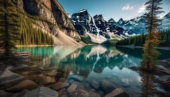 Majestic mountain range reflects tranquil scene, showcasing natural beauty generated by AI photo