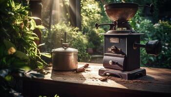 Rustic coffee grinder churns old fashioned bean for gourmet cappuccino preparation generated by AI photo