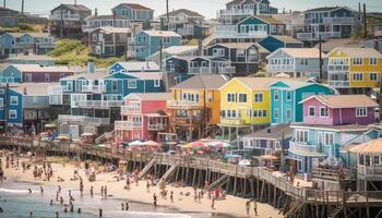 A vibrant, multi colored fishing village on a tropical Caribbean coastline generated by AI photo