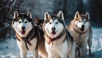 Purebred malamute leads sled dog team through snowy arctic forest generated by AI photo