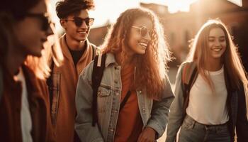 A group of young adults walking, laughing, and enjoying nature generated by AI photo