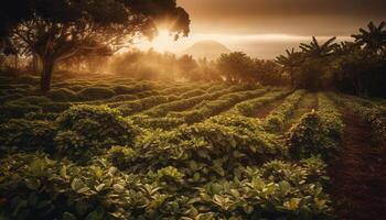 Agricultural tea crop grows in idyllic non urban landscape at dawn generated by AI photo