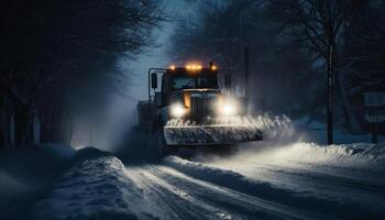 un excavadora borra nieve, trabajando mediante el noche en invierno generado por ai foto