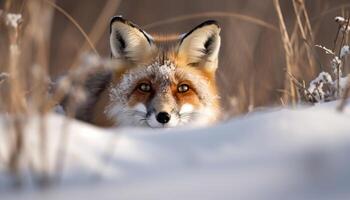 Red fox in winter forest, alert and cute, looking ahead generated by AI photo