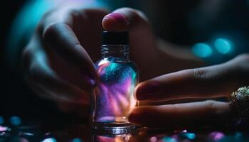 One person holding glass bottle of blue alcohol for relaxation generated by AI photo