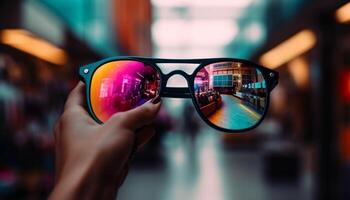 reflexiones de ciudad vida en futurista Gafas de sol, un Moda declaración generado por ai foto