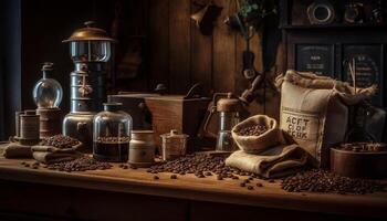 Old fashioned coffee grinder grinds fresh beans for rustic coffee shop generated by AI photo