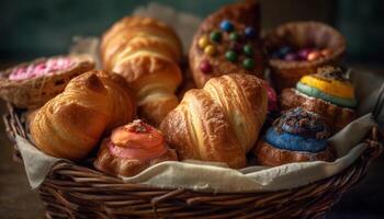 A rustic basket of homemade baked goods, a sweet indulgence generated by AI photo