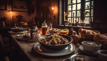 A rustic homemade soup, cooked with fresh organic vegetables generated by AI photo