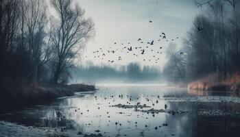 A tranquil scene of a foggy autumn forest at dusk generated by AI photo