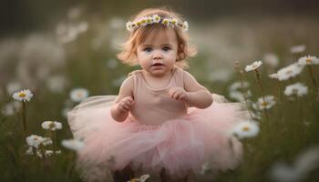 A playful toddler sitting in a meadow, surrounded by daisies generated by AI photo