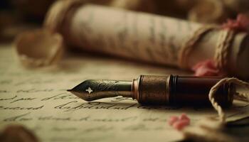 Antique quill pen on parchment, a rustic still life celebration generated by AI photo