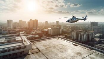 un helicóptero flotando encima el paisaje urbano, un modo de transporte generado por ai foto