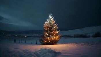 Illuminated Christmas tree glows in dark winter landscape, serene atmosphere generated by AI photo