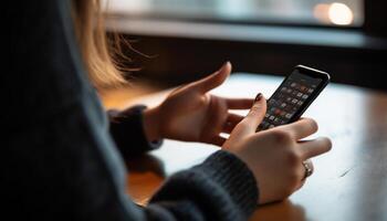 A young woman holding a smart phone, watching TV indoors generated by AI photo