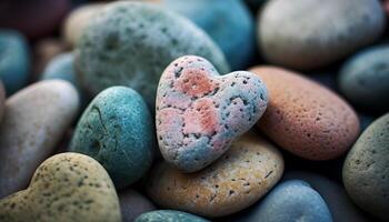 Love in nature heart shaped pebbles arranged in harmony, multi colored beauty generated by AI photo