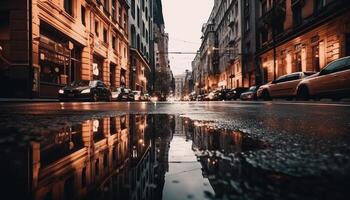 The illuminated skyscrapers reflect on the wet asphalt at dusk generated by AI photo