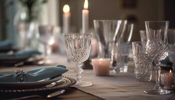 lujo Boda banquete elegante Manteles, cristal cristalería, y cubiertos generado por ai foto