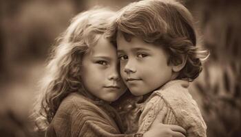 Sibling love embracing innocence, looking at camera with joy generated by AI photo